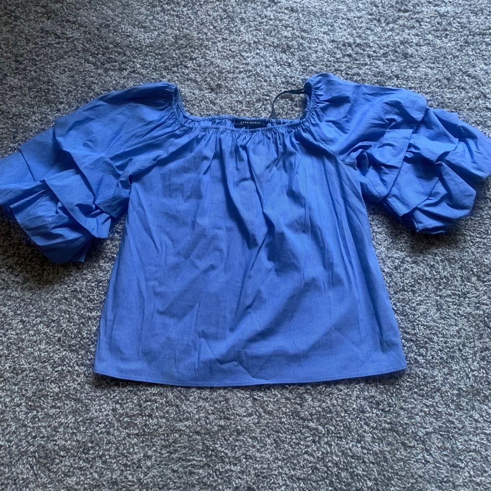 Zara Blue Pinstriped Puff Sleeve Blouse